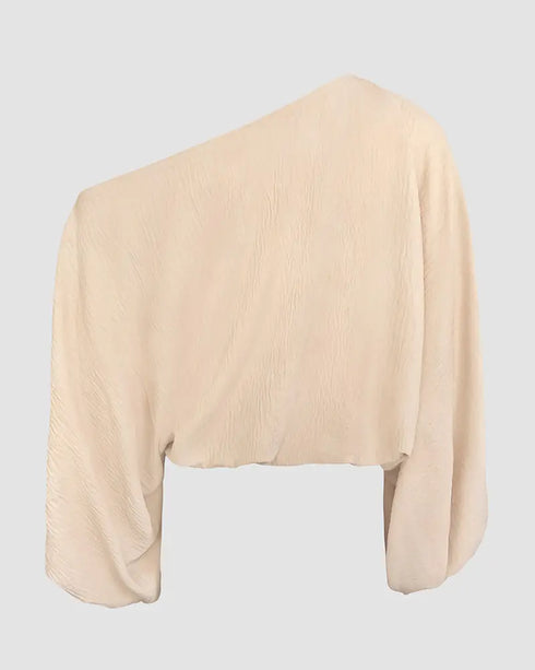 Skew Neck Lantern Sleeve Loose Top & Zipper Fly Wide Leg Pants Set without Belt Apricot