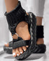Platform Sandals Summer Braided Knit O-Ring Cutout Open Toe Slide Sandals black