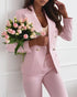 2 Pieces Outfit Metal Ring Decor Notched Collar Cinched Waist Wrap Front Coat and Zipper Fly Elastic Back Waist Pants Set Casual Blazer Set pink
