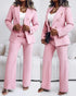 2 Pieces Outfit Notched Collar Double-Breasted Flap Detail Coat and Zipper Fly Elastic Back Waist Slim Fit Flared Pants Set Casual Blazer Set pink