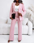 2 Pieces Outfit Metal Ring Decor Notched Collar Cinched Waist Wrap Front Coat and Zipper Fly Elastic Back Waist Pants Set Casual Blazer Set pink
