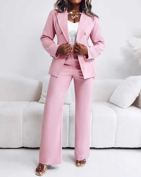 2 Pieces Outfit Metal Ring Decor Notched Collar Cinched Waist Wrap Front Coat and Zipper Fly Elastic Back Waist Pants Set Casual Blazer Set pink