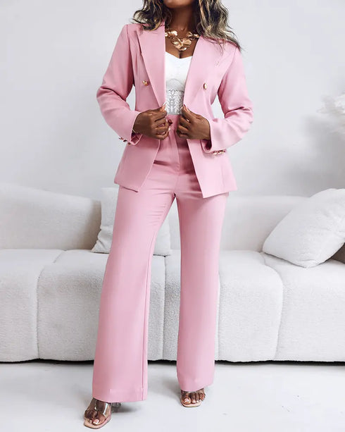 2 Pieces Outfit Metal Ring Decor Notched Collar Cinched Waist Wrap Front Coat and Zipper Fly Elastic Back Waist Pants Set Casual Blazer Set pink