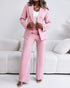 2 Pieces Outfit Metal Ring Decor Notched Collar Cinched Waist Wrap Front Coat and Zipper Fly Elastic Back Waist Pants Set Casual Blazer Set pink