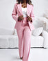 2 Pieces Outfit Notched Collar Double-Breasted Flap Detail Coat and Zipper Fly Elastic Back Waist Slim Fit Flared Pants Set Casual Blazer Set pink