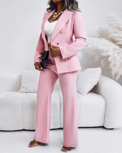 2 Pieces Outfit Metal Ring Decor Notched Collar Cinched Waist Wrap Front Coat and Zipper Fly Elastic Back Waist Pants Set Casual Blazer Set pink