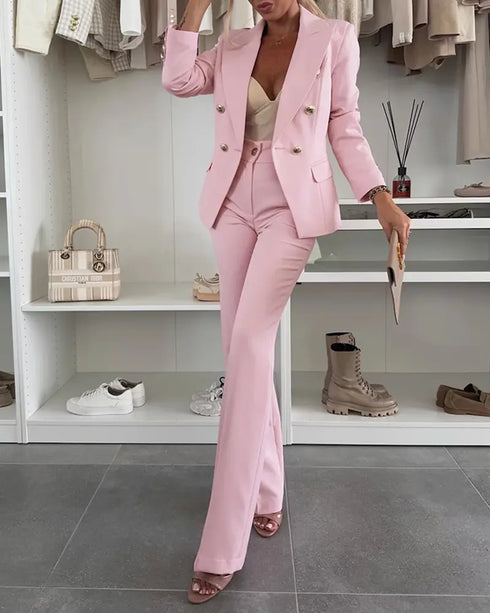 2 Pieces Outfit Notched Collar Double-Breasted Flap Detail Coat and Zipper Fly Elastic Back Waist Slim Fit Flared Pants Set Casual Blazer Set pink