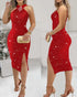 Square Neck Sequin & Tassel Decor Mesh Sleeve Bodycon Dress Zipper Back Party Dress red