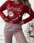 2 Piece Merry Christmas Cartoon Santa Claus Plaid Print Crewneck Pullover Top High Waist Pants Pajama Set red