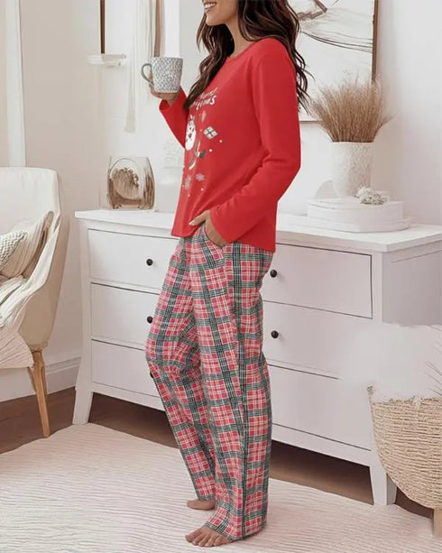 2 Pieces Outfit Letter and Heart Print Long Sleeve Top and Casual Plaid Pnats Sets with Pocket red