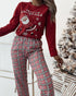 2 Pieces Outfit Letter and Heart Print Long Sleeve Top and Casual Plaid Pnats Sets with Pocket red