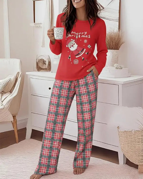 2 Piece Merry Christmas Cartoon Santa Claus Plaid Print Crewneck Pullover Top High Waist Pants Pajama Set red