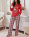 2 Piece Merry Christmas Cartoon Santa Claus Plaid Print Crewneck Pullover Top High Waist Pants Pajama Set red