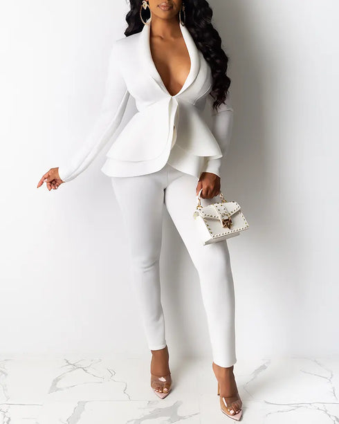 Plunge Layered Ruffles Top & Pencil Pant Sets white