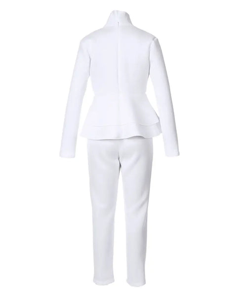 Plunge Layered Ruffles Top & Pencil Pant Sets white