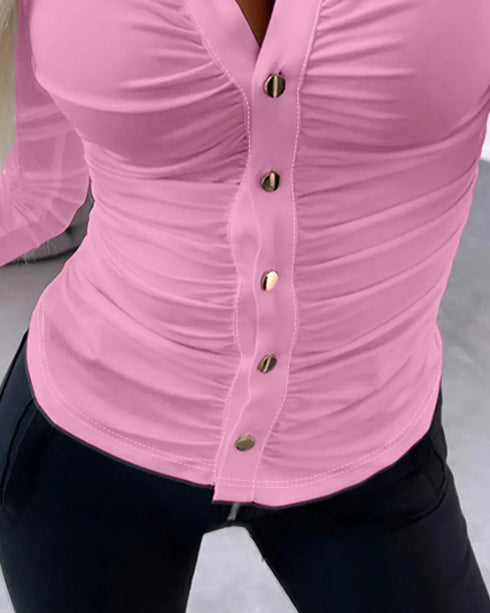 Long Sleeve Button Down Shirt Collar Neck Ruched Fitted Top pink