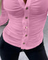 Long Sleeve Button Down Shirt Collar Neck Ruched Fitted Top pink