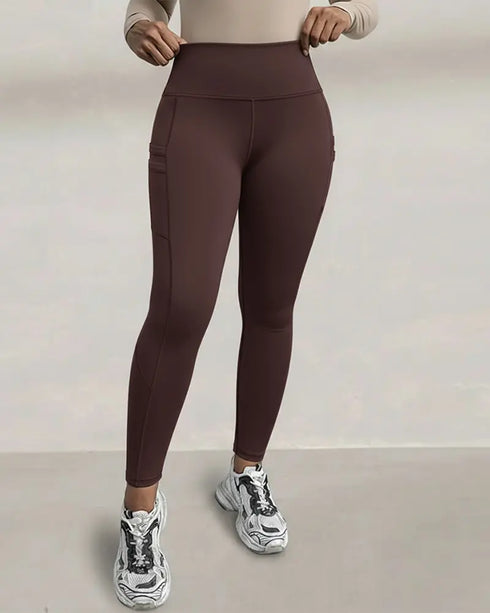 Winter Warm High Waisted Workout Athletic Leggings Tummy Control Butt Lifting Ultra Soft Thermal Lined Yoga Pants Women's Sportswear with Stacked Slit Pockets On Side brown