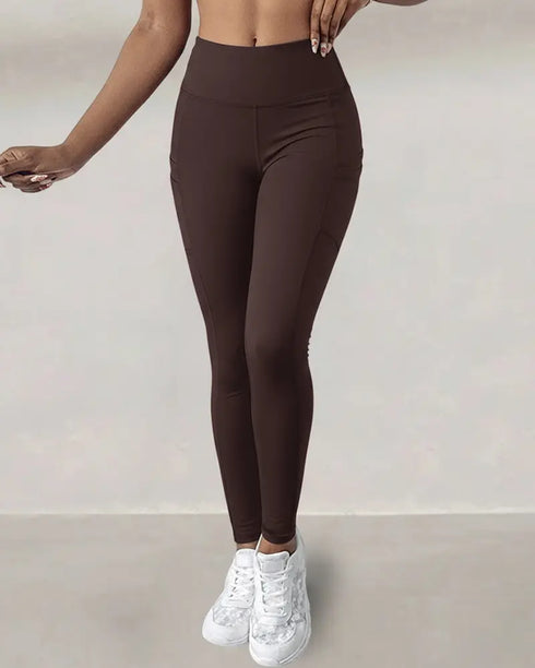 Winter Warm High Waisted Workout Athletic Leggings Tummy Control Butt Lifting Ultra Soft Thermal Lined Yoga Pants Women's Sportswear with Stacked Slit Pockets On Side brown