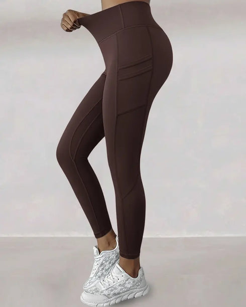 Winter Warm High Waisted Workout Athletic Leggings Tummy Control Butt Lifting Ultra Soft Thermal Lined Yoga Pants Women's Sportswear with Stacked Slit Pockets On Side brown