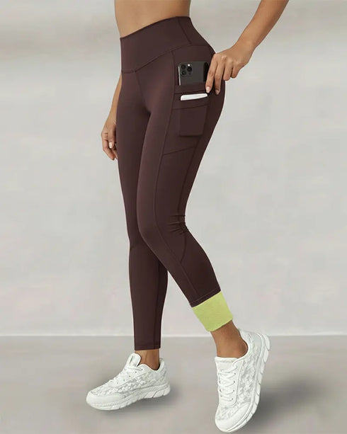 Winter Warm High Waisted Workout Athletic Leggings Tummy Control Butt Lifting Ultra Soft Thermal Lined Yoga Pants Women's Sportswear with Stacked Slit Pockets On Side brown