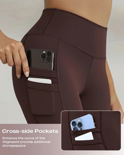 Winter Warm High Waisted Workout Athletic Leggings Tummy Control Butt Lifting Ultra Soft Thermal Lined Yoga Pants Women's Sportswear with Stacked Slit Pockets On Side brown