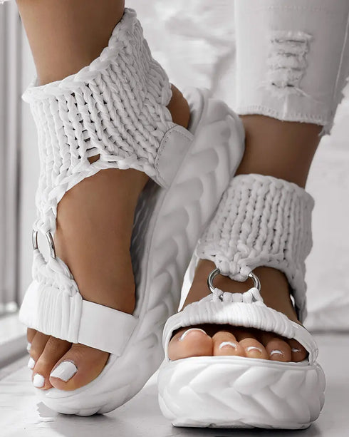 Platform Sandals Summer Braided Knit O-Ring Cutout Open Toe Slide Sandals white