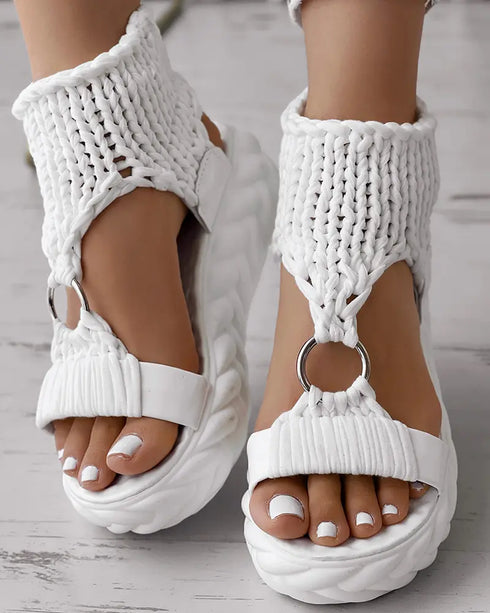 Platform Sandals Summer Braided Knit O-Ring Cutout Open Toe Slide Sandals white
