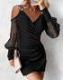 Butterfly Pattern Contrast Sequin Sheer Mesh V-Neck Ruched Bodycon Elegant Mini Dress black