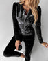 2 Pieces Outfit Contrast Sequin Ruched Long Sleeve Zip Up Coat and Elastic Waist Pants Set Casual Slim Fit Velvet Tracksuit black
