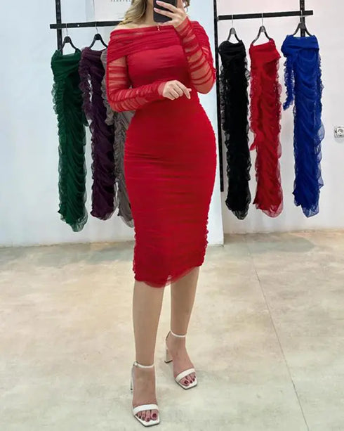 Off Shoulder Sheer Mesh Bodycon Dress Long Sleeve Ruched Midi Party Dress red