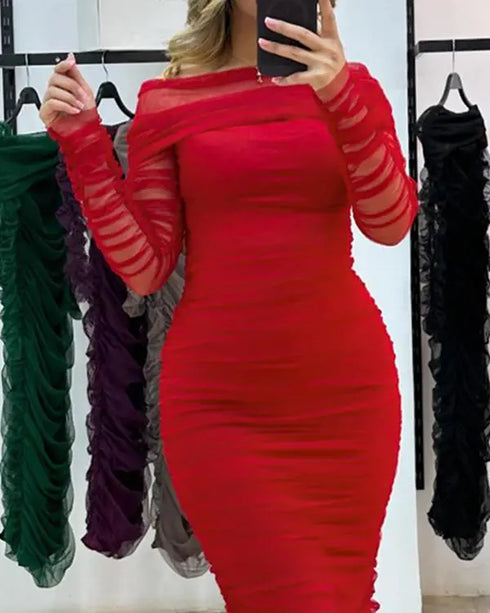 Off Shoulder Sheer Mesh Bodycon Dress Long Sleeve Ruched Midi Party Dress red