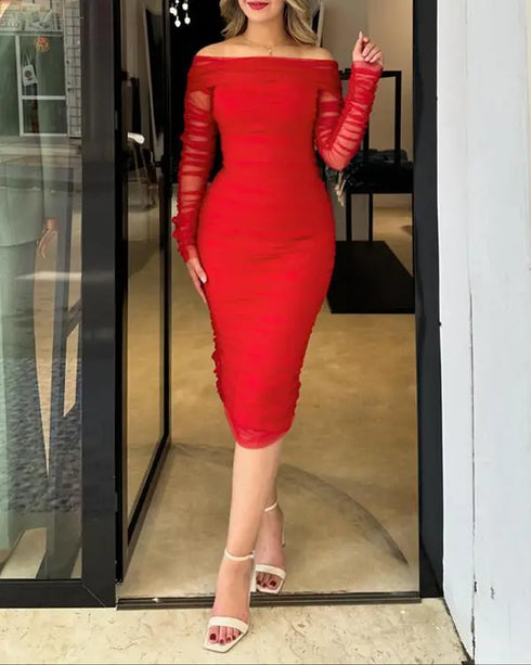 Off Shoulder Sheer Mesh Bodycon Dress Long Sleeve Ruched Midi Party Dress red