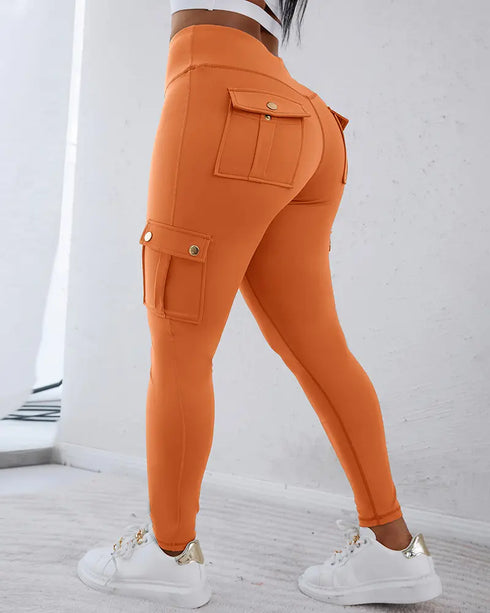 Camouflage Print High Waist Skinny Leggings with Cargo Flap Pockets Casual Pants orange