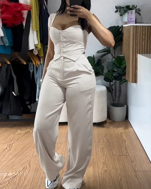 2 Pieces Outfit Thick Strap Button Front Shirred Back Slim Fit Crop Top and Casual High Waist Zipper Fly Elastic Back Waist Wide Leg Pants Set Apricot