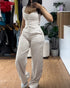 2 Pieces Outfit Thick Strap Button Front Shirred Back Slim Fit Crop Top and Casual High Waist Zipper Fly Elastic Back Waist Wide Leg Pants Set Apricot