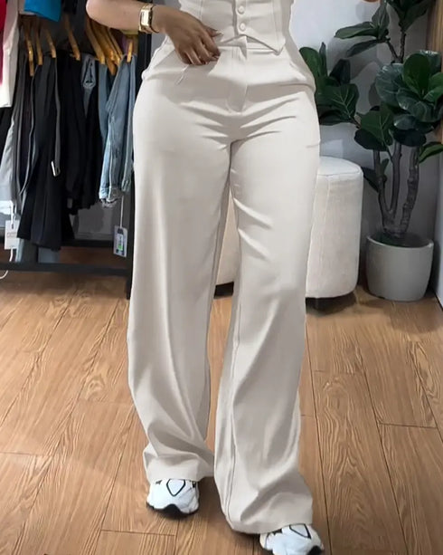2 Pieces Outfit Thick Strap Button Front Shirred Back Slim Fit Crop Top and Casual High Waist Zipper Fly Elastic Back Waist Wide Leg Pants Set Apricot
