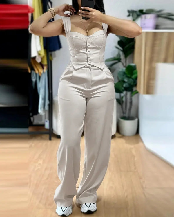 2 Pieces Outfit Thick Strap Button Front Shirred Back Slim Fit Crop Top and Casual High Waist Zipper Fly Elastic Back Waist Wide Leg Pants Set Apricot
