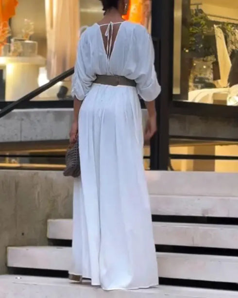 Deep V-Neck Ruched Three Quarters Sleeve Backless Overalls Casual Waist-Gathered Tied Detail Jumpsuit without Belt white