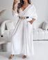 Deep V-Neck Ruched Three Quarters Sleeve Backless Overalls Casual Waist-Gathered Tied Detail Jumpsuit without Belt white