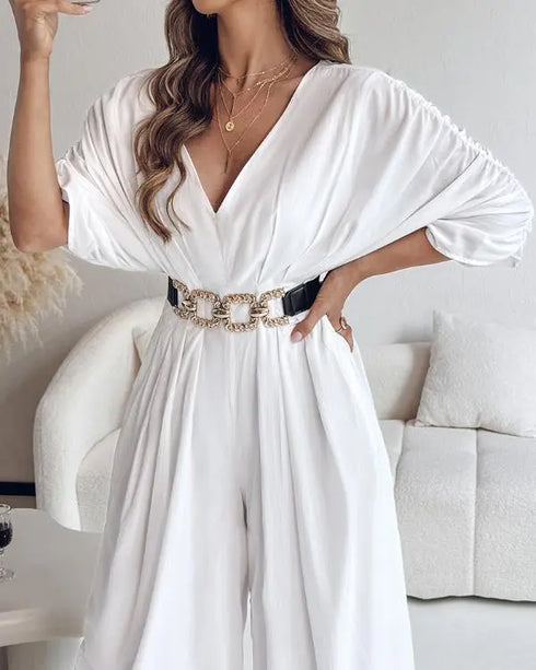 Deep V-Neck Ruched Three Quarters Sleeve Backless Overalls Casual Waist-Gathered Tied Detail Jumpsuit without Belt white