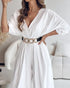 Deep V-Neck Ruched Three Quarters Sleeve Backless Overalls Casual Waist-Gathered Tied Detail Jumpsuit without Belt white