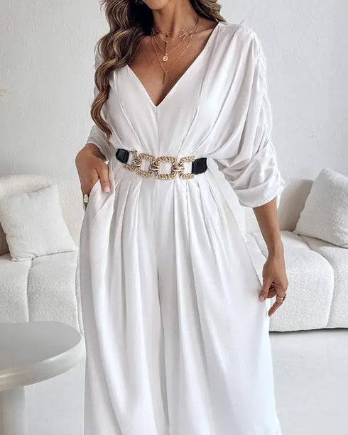 Deep V-Neck Ruched Three Quarters Sleeve Backless Overalls Casual Waist-Gathered Tied Detail Jumpsuit without Belt white
