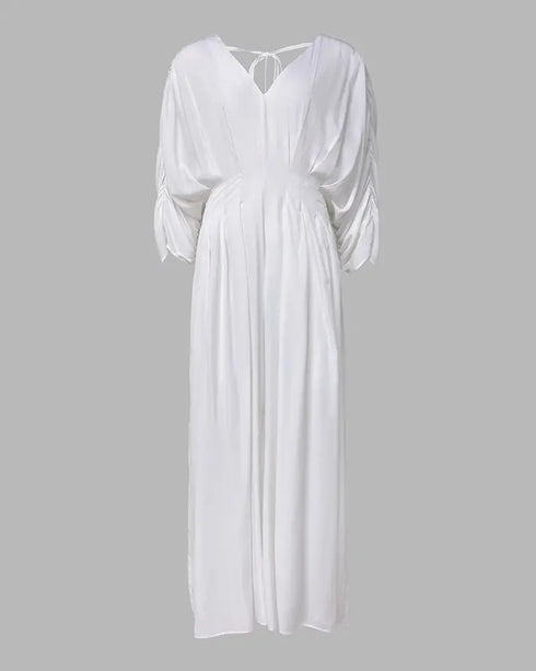 Deep V-Neck Ruched Three Quarters Sleeve Backless Overalls Casual Waist-Gathered Tied Detail Jumpsuit without Belt white
