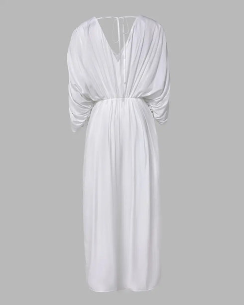 Deep V-Neck Ruched Three Quarters Sleeve Backless Overalls Casual Waist-Gathered Tied Detail Jumpsuit without Belt white