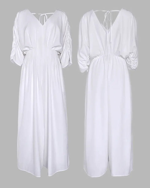 Deep V-Neck Ruched Three Quarters Sleeve Backless Overalls Casual Waist-Gathered Tied Detail Jumpsuit without Belt white