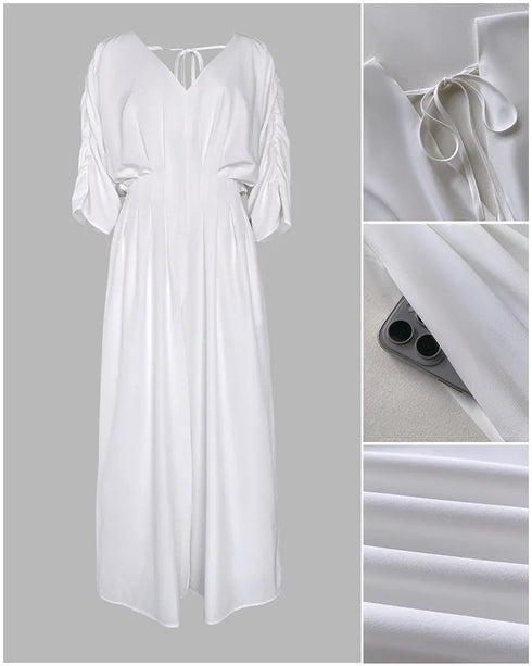 Deep V-Neck Ruched Three Quarters Sleeve Backless Overalls Casual Waist-Gathered Tied Detail Jumpsuit without Belt white