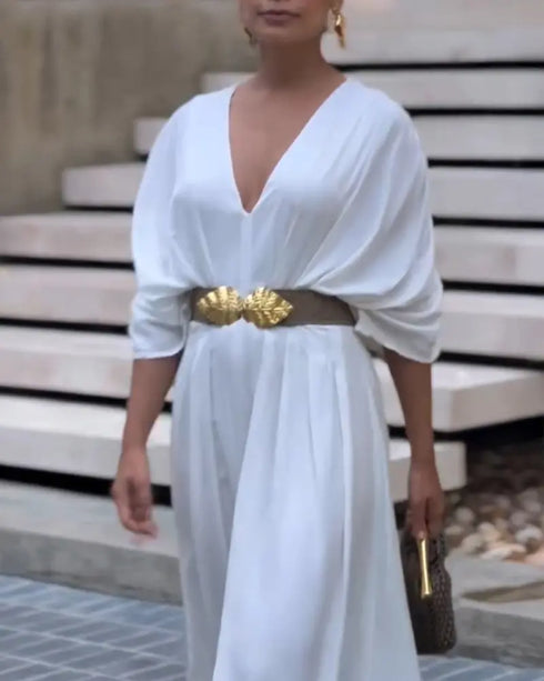 Deep V-Neck Ruched Three Quarters Sleeve Backless Overalls Casual Waist-Gathered Tied Detail Jumpsuit without Belt white