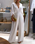 Deep V-Neck Ruched Three Quarters Sleeve Backless Overalls Casual Waist-Gathered Tied Detail Jumpsuit without Belt white