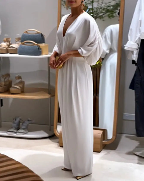 Deep V-Neck Ruched Three Quarters Sleeve Backless Overalls Casual Waist-Gathered Tied Detail Jumpsuit without Belt white